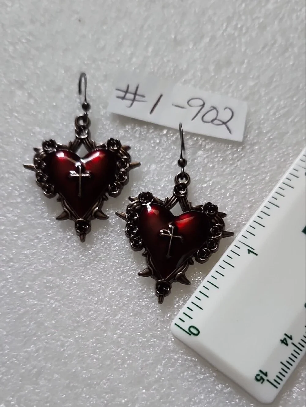Hand Crafted Deep Red Heart Cross Dangle Earrings